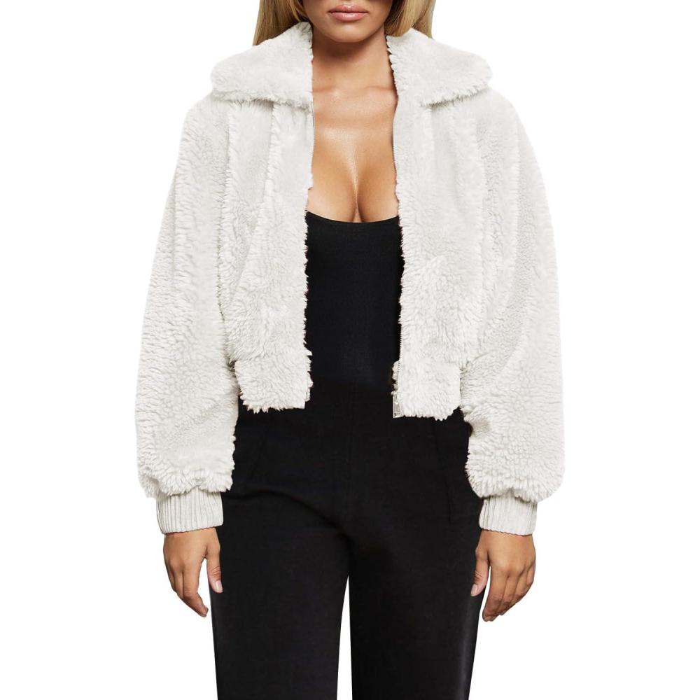 imageFANCYINN Womens Teddy Cropped Faux Fur Jacket Furry Lapel Coat Zip Up with Pockets Warm WinterWhite