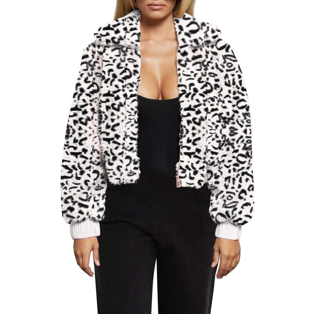 imageFANCYINN Womens Teddy Cropped Faux Fur Jacket Furry Lapel Coat Zip Up with Pockets Warm WinterWhite Leopard