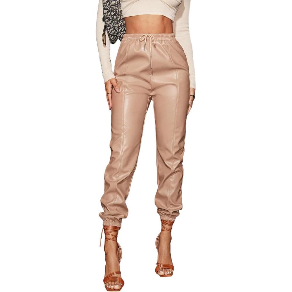 imageFloerns Womens Drawstring High Waisted Cropped Tapered Pu Leather PantsApricot