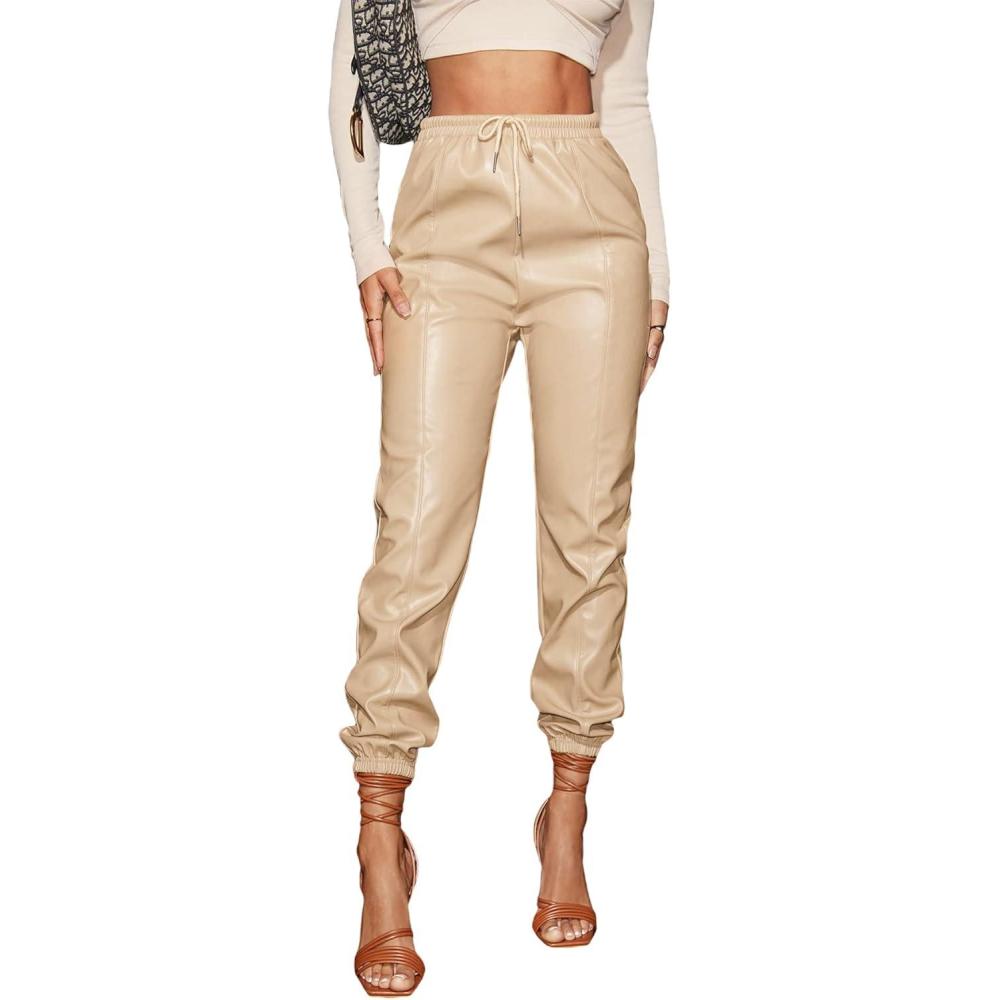 imageFloerns Womens Drawstring High Waisted Cropped Tapered Pu Leather PantsBeige