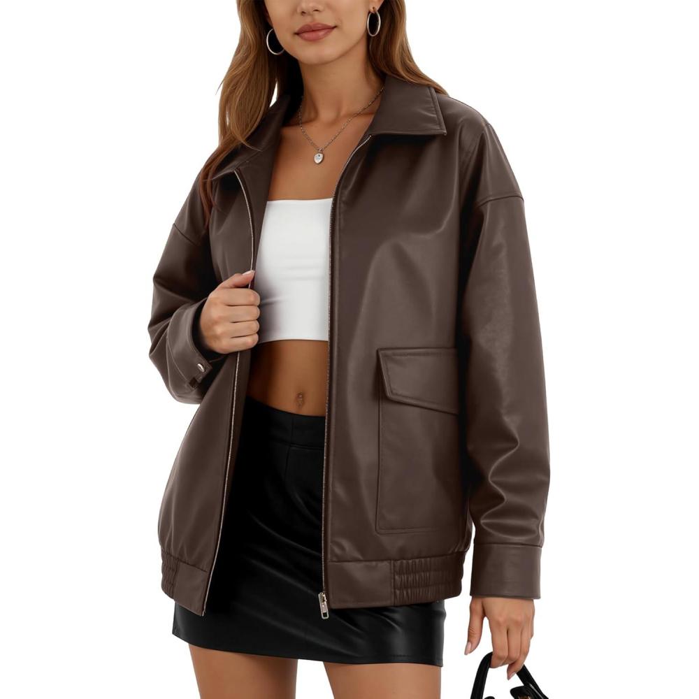 imageOversize Leather Jacket Women Faux Motorcycle Coats Bomber with Double Pockets2025 FallWinter Fashion OutwearBrown