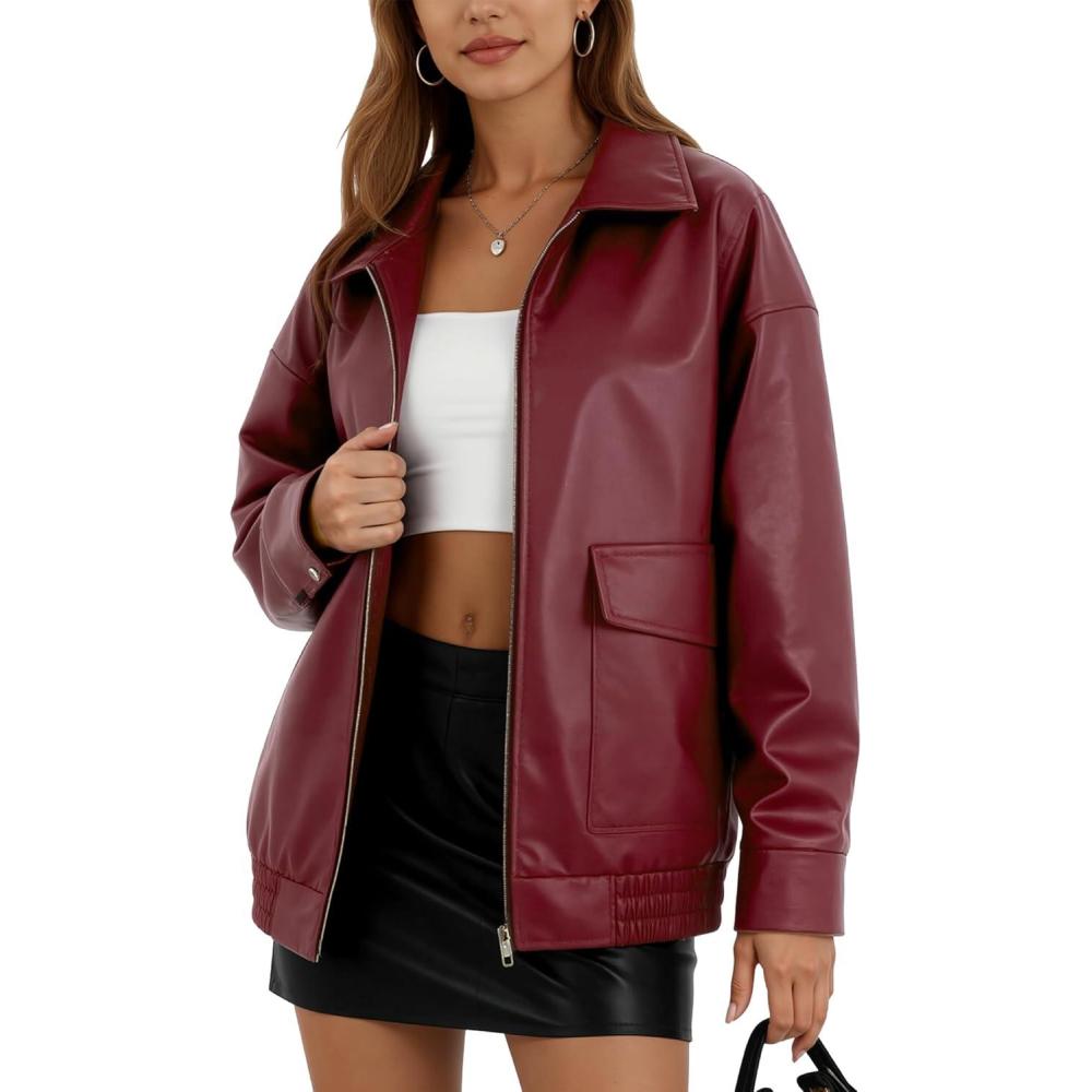 imageOversize Leather Jacket Women Faux Motorcycle Coats Bomber with Double Pockets2025 FallWinter Fashion OutwearBurgundy