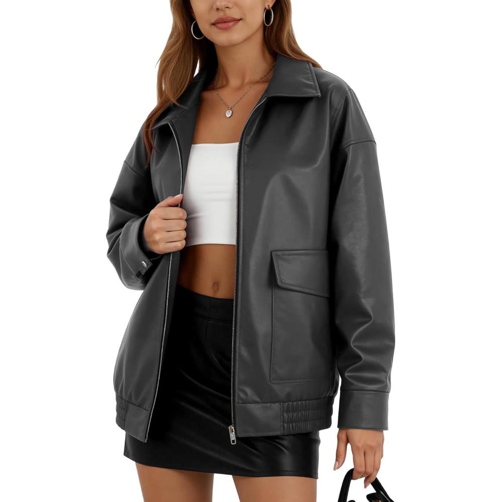 imageOversize Leather Jacket Women Faux Motorcycle Coats Bomber with Double Pockets2025 FallWinter Fashion OutwearGrey