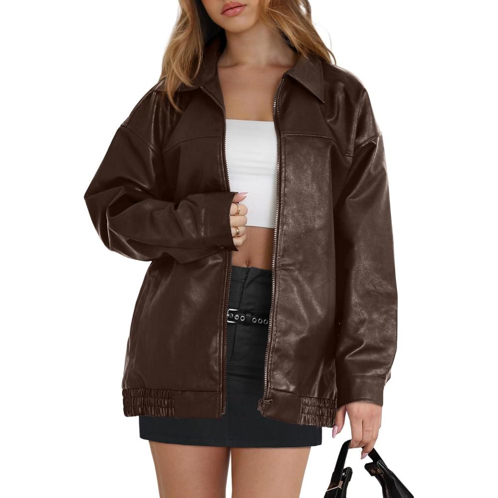 imageWIHOLL Womens Leather Jackets Faux Suede Oversized Fall Motorcycle Coats Fashion Winter Outfits Clothes Y2k TopsBrown
