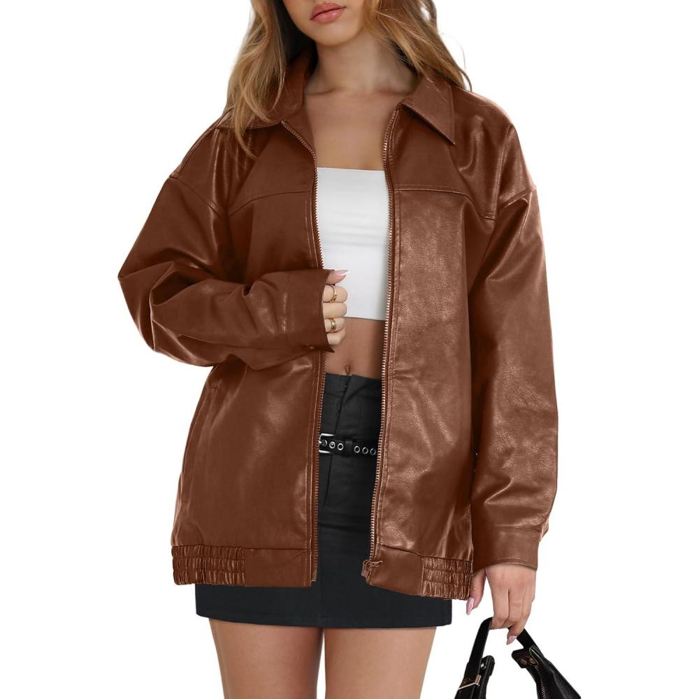 imageWIHOLL Womens Leather Jackets Faux Suede Oversized Fall Motorcycle Coats Fashion Winter Outfits Clothes Y2k TopsCaramel
