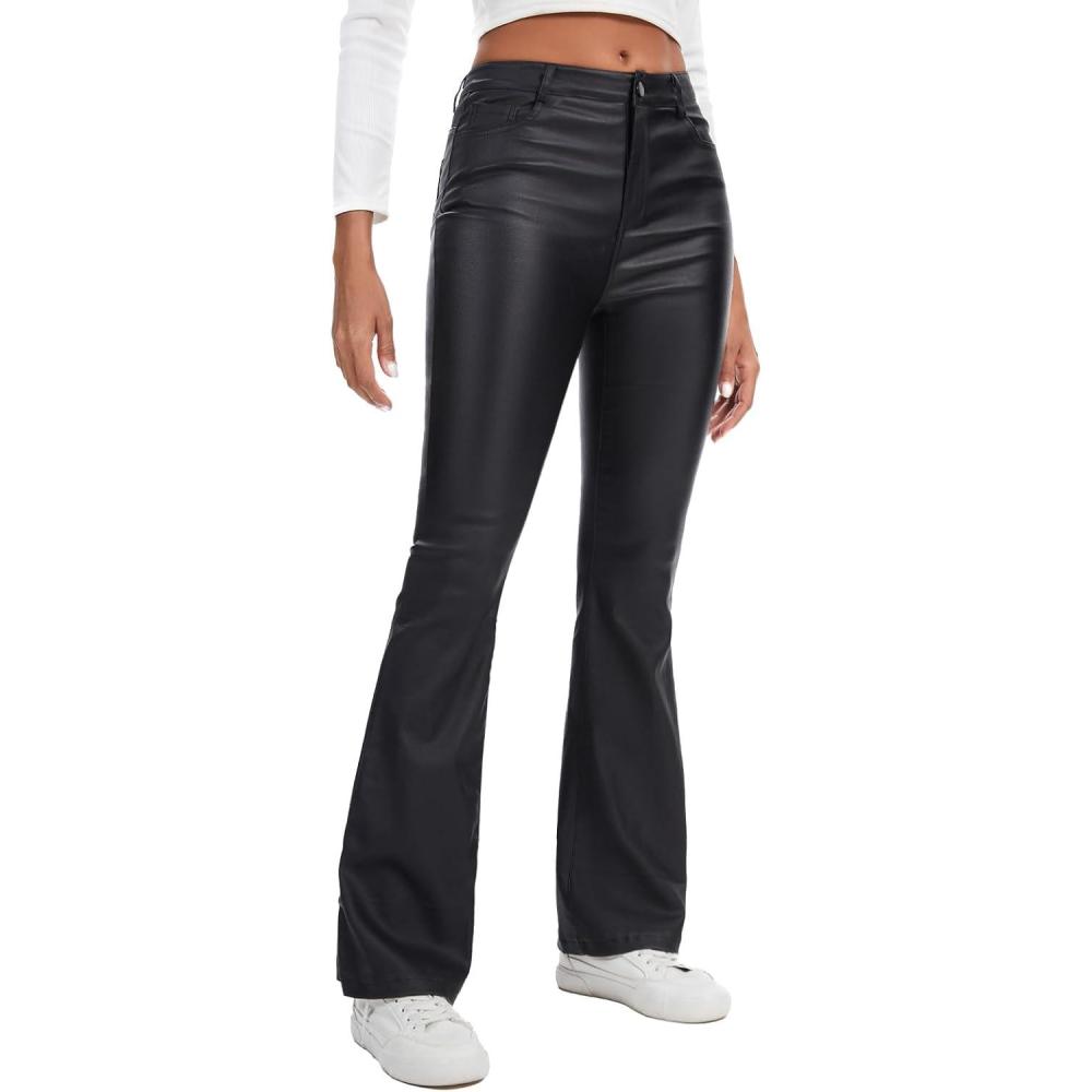 imagehibshaby Women Faux Leather Leggings Coated Flare High Waist Sexy Bell Bottom PantsBlack