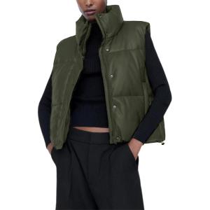 Ailoqing Womens Faux Leather Puffer Vest Zip Up Sleeveless Winter Cropped Jacket(Armygreen)