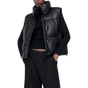Ailoqing Womens Faux Leather Puffer Vest Zip Up Sleeveless Winter Cropped Jacket(Black)