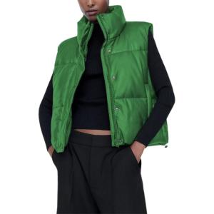Ailoqing Womens Faux Leather Puffer Vest Zip Up Sleeveless Winter Cropped Jacket(Green)