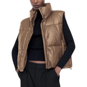 Ailoqing Womens Faux Leather Puffer Vest Zip Up Sleeveless Winter Cropped Jacket(Khaki)