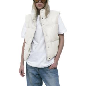 Ailoqing Womens Faux Leather Puffer Vest Zip Up Sleeveless Winter Cropped Jacket(White)