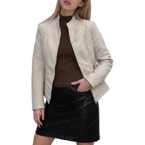 Bellivera Faux Leather Jacket Women Motorcycle Zipper Bomber PU Bike Coat with Pockets(Beige Casual Jacket)