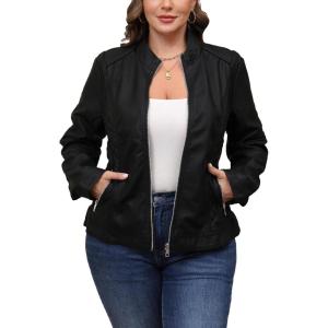 Bellivera Faux Leather Jacket Women Motorcycle Zipper Bomber PU Bike Coat with Pockets(Black)