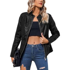 Bellivera Faux Leather Jacket Women Motorcycle Zipper Bomber PU Bike Coat with Pockets(Black Casual Jacket)