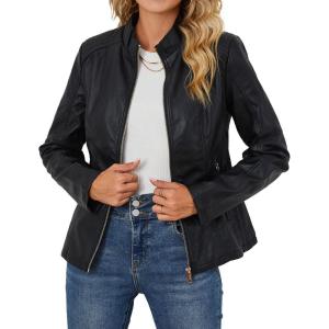 Bellivera Faux Leather Jacket Women Motorcycle Zipper Bomber PU Bike Coat with Pockets(Coal Black)
