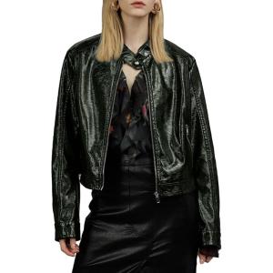 Bellivera Faux Leather Jacket Women Motorcycle Zipper Bomber PU Bike Coat with Pockets(Green Faux Leather Jacket)