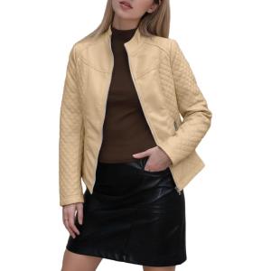 Bellivera Faux Leather Jacket Women Motorcycle Zipper Bomber PU Bike Coat with Pockets(Khaki Casual Jacket)