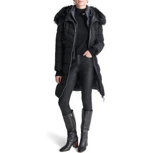 DKNY womens Bib-front Faux-fur Trim Hooded Long(Black)