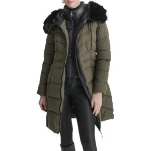 DKNY womens Bib-front Faux-fur Trim Hooded Long(Loden)