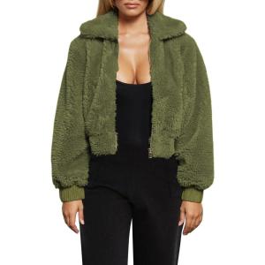 FANCYINN Womens Teddy Cropped Faux Fur Jacket Furry Lapel Coat Zip Up with Pockets Warm Winter(Army Green)