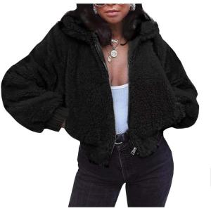FANCYINN Womens Teddy Cropped Faux Fur Jacket Furry Lapel Coat Zip Up with Pockets Warm Winter(Black)