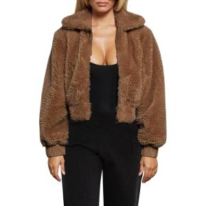 FANCYINN Womens Teddy Cropped Faux Fur Jacket Furry Lapel Coat Zip Up with Pockets Warm Winter(Dark Brown)