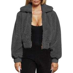 FANCYINN Womens Teddy Cropped Faux Fur Jacket Furry Lapel Coat Zip Up with Pockets Warm Winter(Dark Grey)