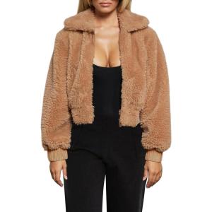 FANCYINN Womens Teddy Cropped Faux Fur Jacket Furry Lapel Coat Zip Up with Pockets Warm Winter(Khaki)