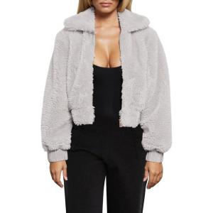 FANCYINN Womens Teddy Cropped Faux Fur Jacket Furry Lapel Coat Zip Up with Pockets Warm Winter(Light Gray)