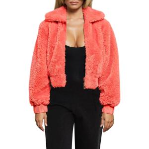 FANCYINN Womens Teddy Cropped Faux Fur Jacket Furry Lapel Coat Zip Up with Pockets Warm Winter(Orange)
