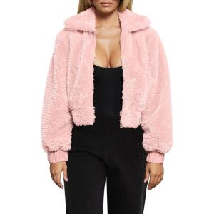 FANCYINN Womens Teddy Cropped Faux Fur Jacket Furry Lapel Coat Zip Up with Pockets Warm Winter(Pink)