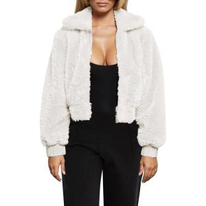 FANCYINN Womens Teddy Cropped Faux Fur Jacket Furry Lapel Coat Zip Up with Pockets Warm Winter(White)