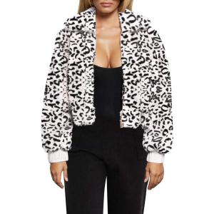 FANCYINN Womens Teddy Cropped Faux Fur Jacket Furry Lapel Coat Zip Up with Pockets Warm Winter(White Leopard)