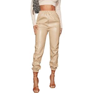Floerns Women’s Drawstring High Waisted Cropped Tapered Pu Leather Pants(Beige)