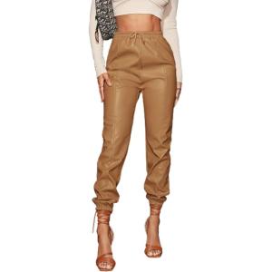 Floerns Women’s Drawstring High Waisted Cropped Tapered Pu Leather Pants(Khaki)