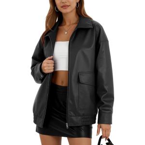 Oversize Leather Jacket Women Faux Motorcycle Coats Bomber with Double Pockets,2025 Fall,Winter Fashion Outwear(Black)