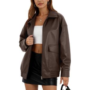 Oversize Leather Jacket Women Faux Motorcycle Coats Bomber with Double Pockets,2025 Fall,Winter Fashion Outwear(Brown)