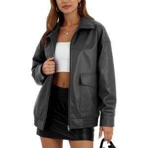 Oversize Leather Jacket Women Faux Motorcycle Coats Bomber with Double Pockets,2025 Fall,Winter Fashion Outwear(Grey)