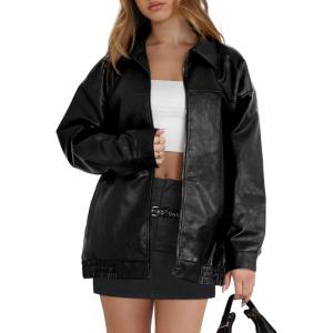 WIHOLL Womens Leather Jackets Faux Suede Oversized Fall Motorcycle Coats Fashion Winter Outfits Clothes Y2k Tops(Black)