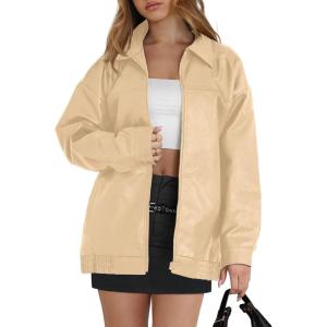WIHOLL Womens Leather Jackets Faux Suede Oversized Fall Motorcycle Coats Fashion Winter Outfits Clothes Y2k Tops(Khaki)