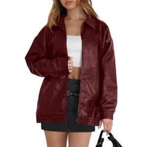 WIHOLL Womens Leather Jackets Faux Suede Oversized Fall Motorcycle Coats Fashion Winter Outfits Clothes Y2k Tops(Red)