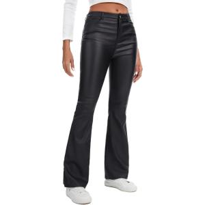 hibshaby Women Faux Leather Leggings Coated Flare High Waist Sexy Bell Bottom Pants(Black)