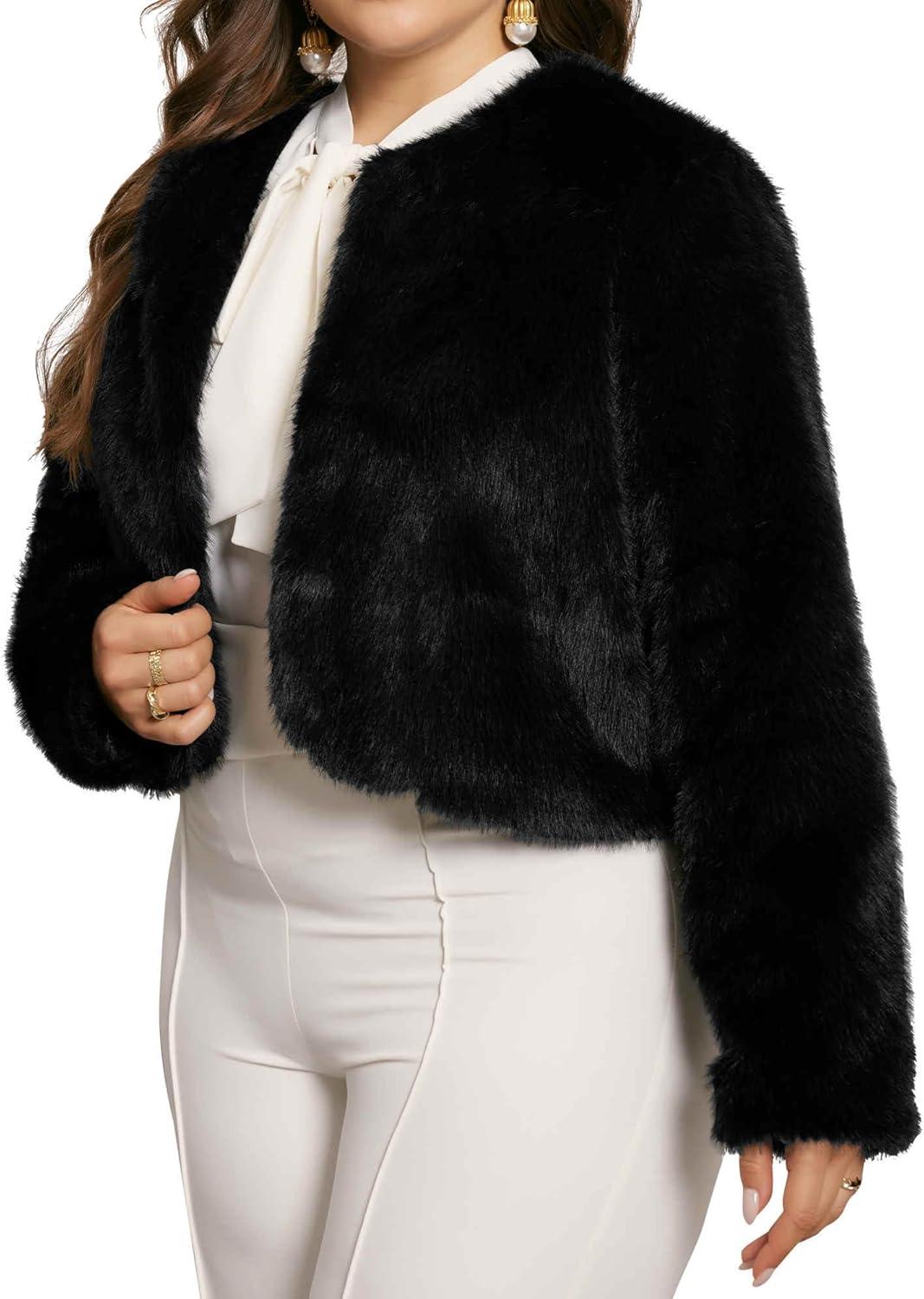 imageAgnes Orinda Plus Size Faux Fur Jacket Cardigan Coat for Women Long Sleeve Open Front Winter Warm Shaggy Parka CoatsBlack