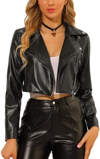 imageAllegra K Womens Faux Leather Long Sleeve Zipper Up Moto Cropped JacketBlack