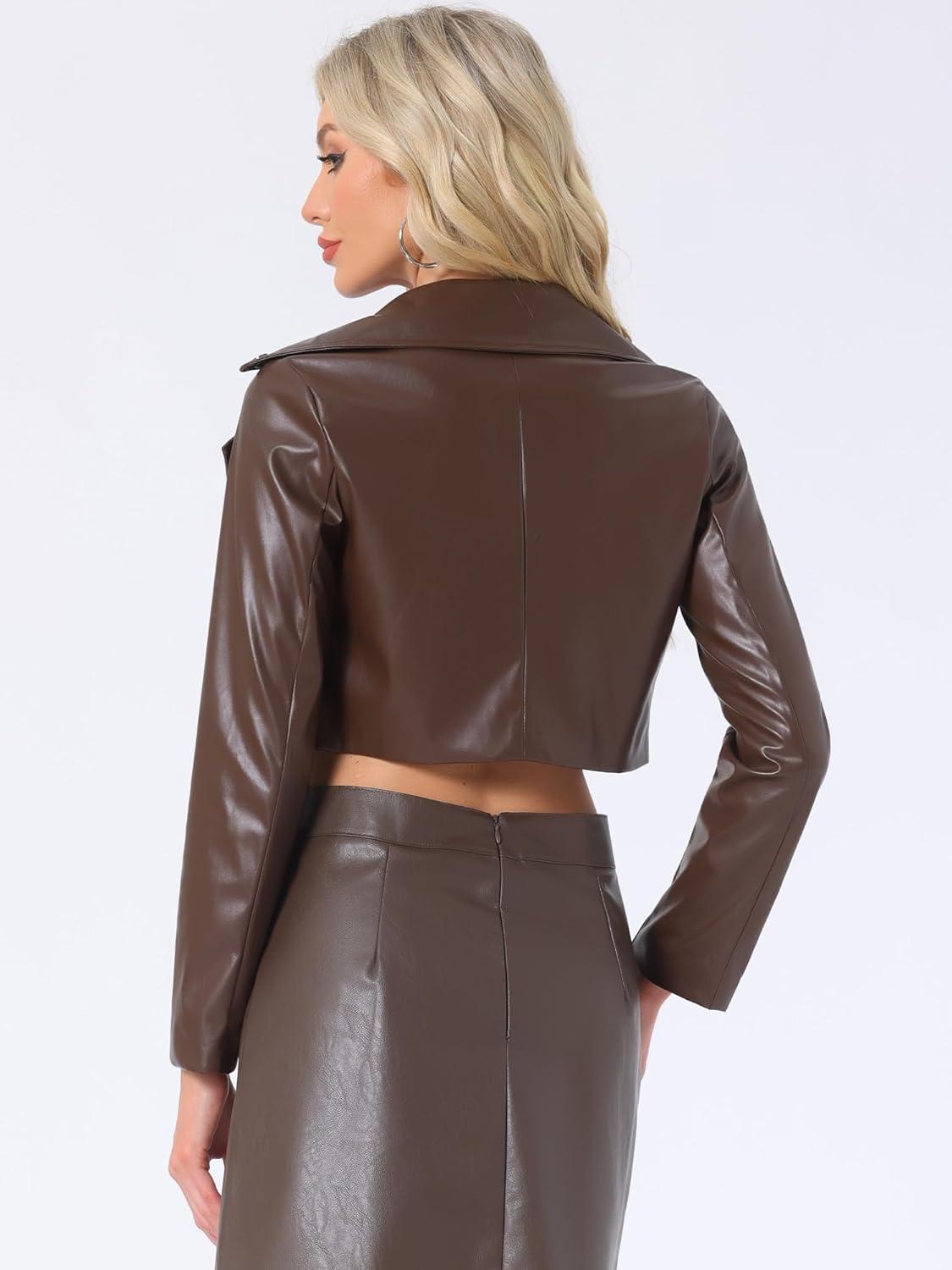 imageAllegra K Womens Faux Leather Long Sleeve Zipper Up Moto Cropped JacketCoffee