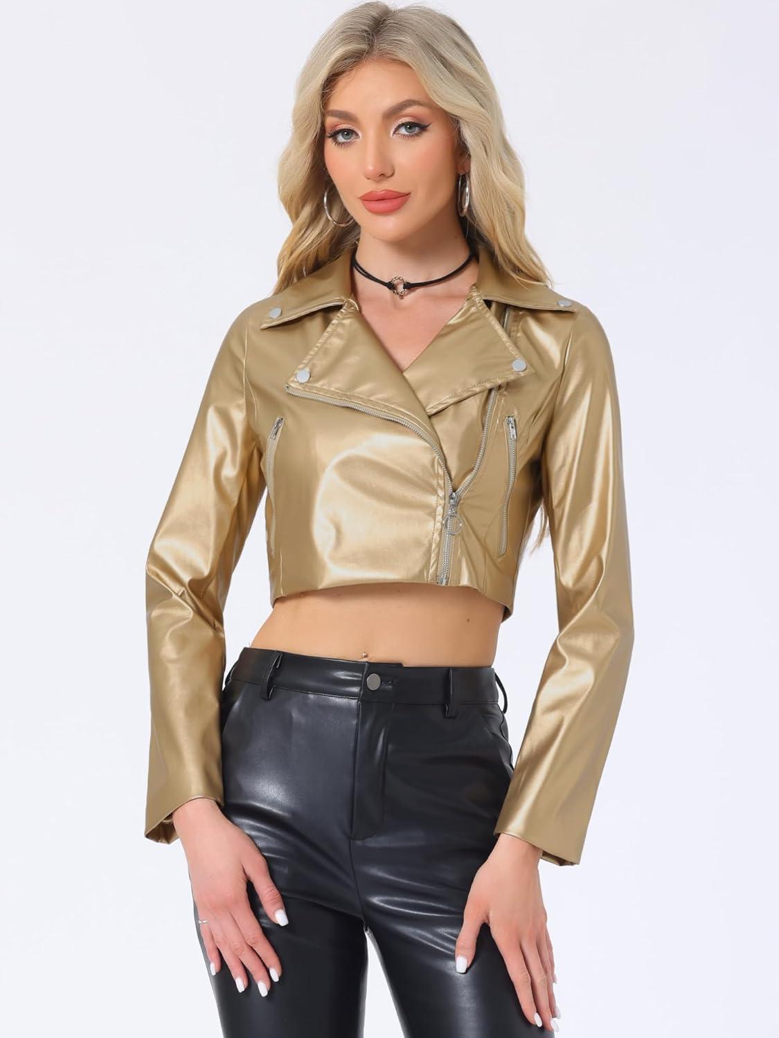 imageAllegra K Womens Faux Leather Long Sleeve Zipper Up Moto Cropped JacketGold
