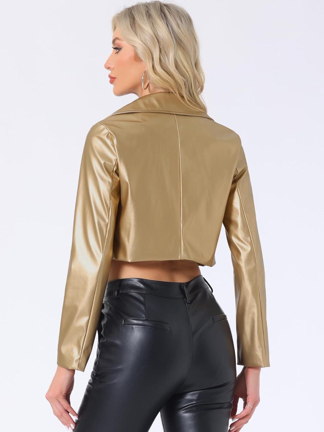 imageAllegra K Womens Faux Leather Long Sleeve Zipper Up Moto Cropped JacketGold