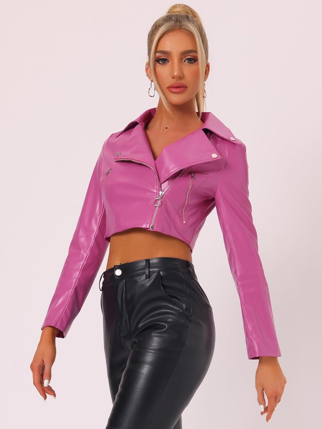 imageAllegra K Womens Faux Leather Long Sleeve Zipper Up Moto Cropped JacketHot Pink
