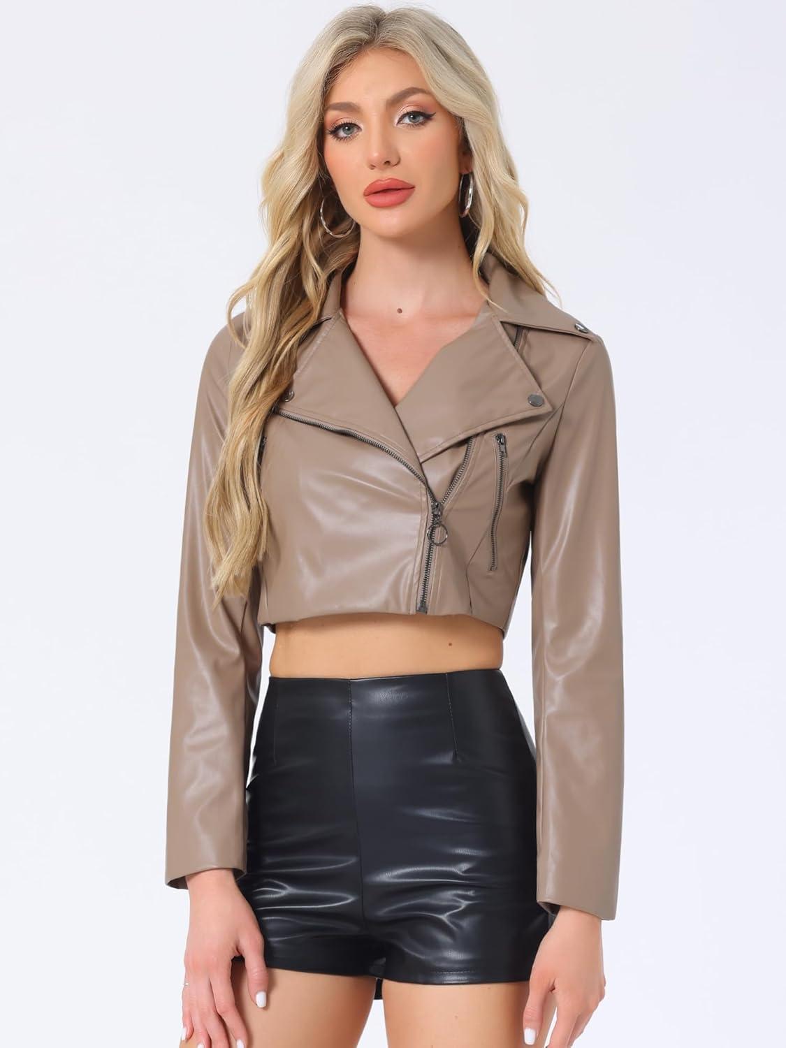 imageAllegra K Womens Faux Leather Long Sleeve Zipper Up Moto Cropped JacketLight Brown