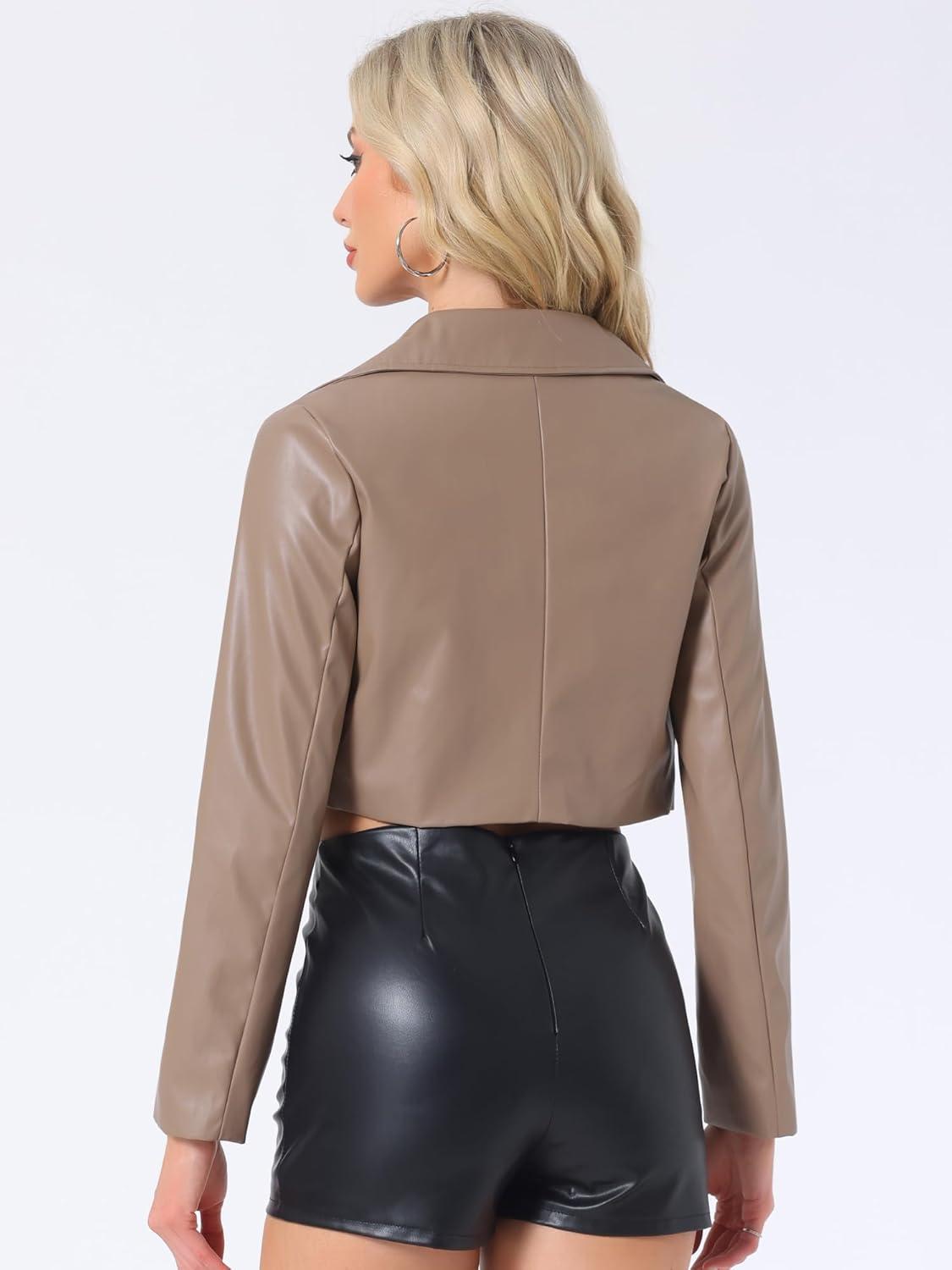 imageAllegra K Womens Faux Leather Long Sleeve Zipper Up Moto Cropped JacketLight Brown